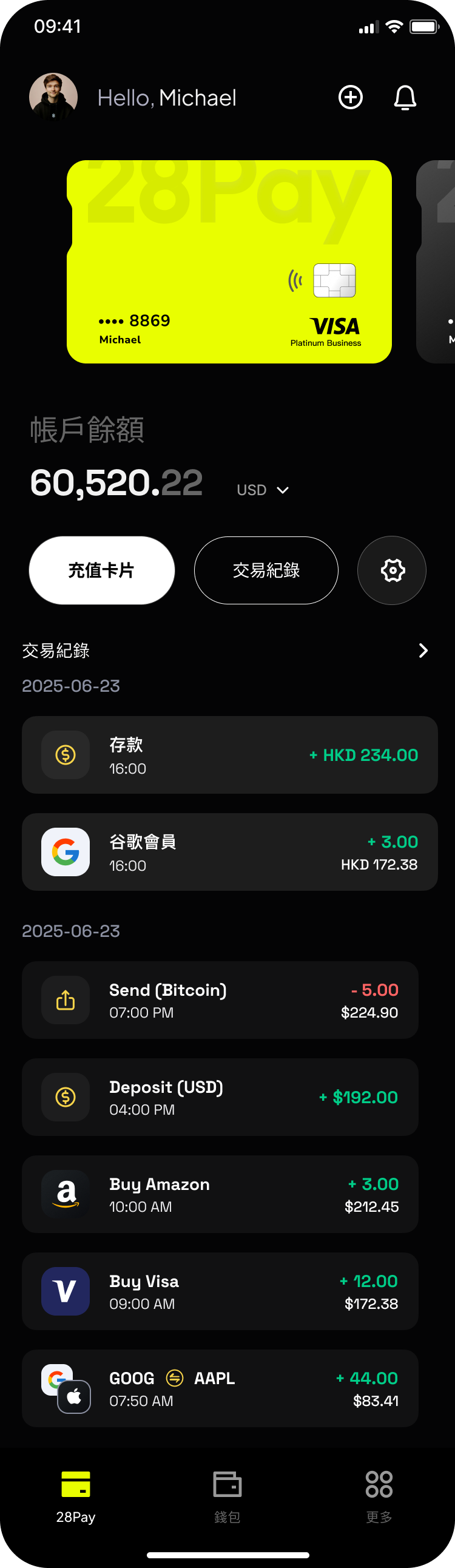 Original 28Pay card overview with card balance, funding action and dated transaction history